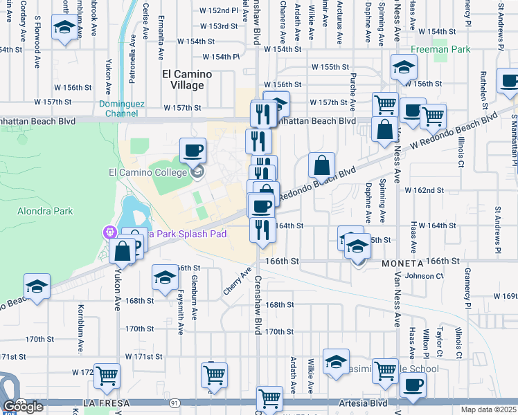 map of restaurants, bars, coffee shops, grocery stores, and more near Crenshaw Blvd & Redondo Beach Blvd in Torrance