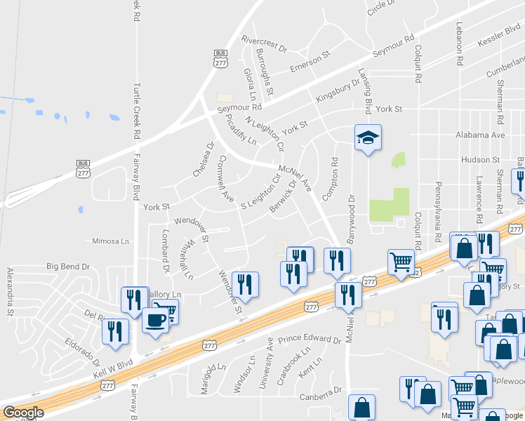 map of restaurants, bars, coffee shops, grocery stores, and more near 4326 Berwick Drive in Wichita Falls