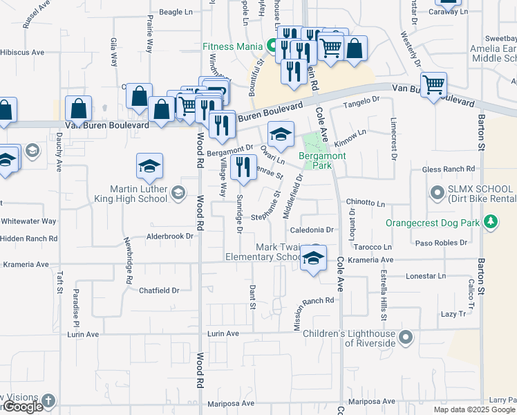 map of restaurants, bars, coffee shops, grocery stores, and more near 9224 Sunridge Drive in Riverside
