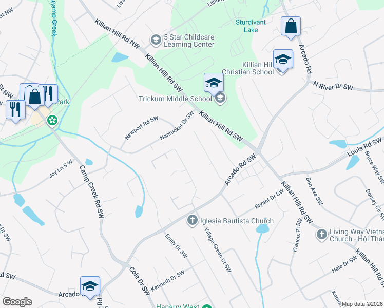 map of restaurants, bars, coffee shops, grocery stores, and more near 165 King David Drive Southwest in Lilburn