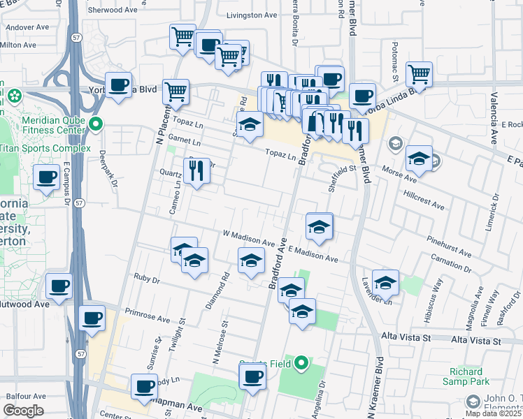 map of restaurants, bars, coffee shops, grocery stores, and more near 237 Tiger Lane in Placentia