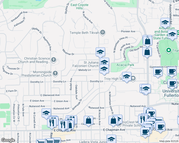 map of restaurants, bars, coffee shops, grocery stores, and more near 1520 Melody Lane in Fullerton