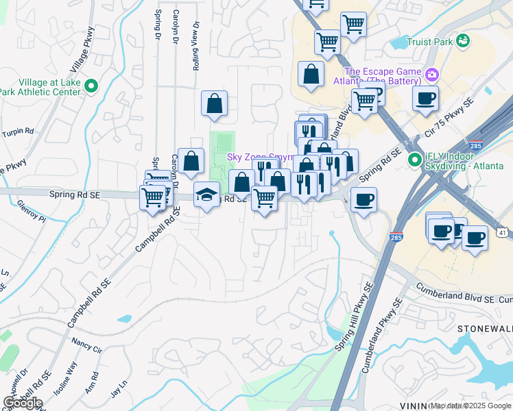 map of restaurants, bars, coffee shops, grocery stores, and more near in Smyrna