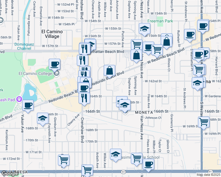 map of restaurants, bars, coffee shops, grocery stores, and more near 2605 West 163rd Street in Torrance