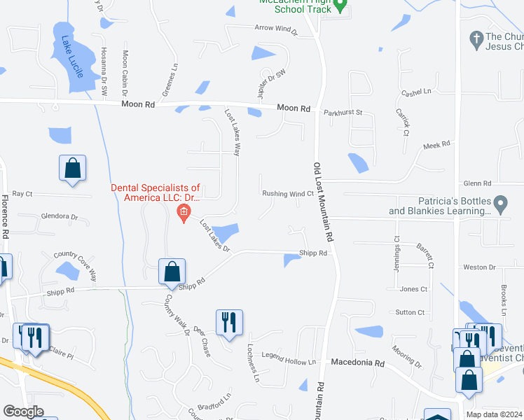map of restaurants, bars, coffee shops, grocery stores, and more near 2904 Soapstone Court in Powder Springs