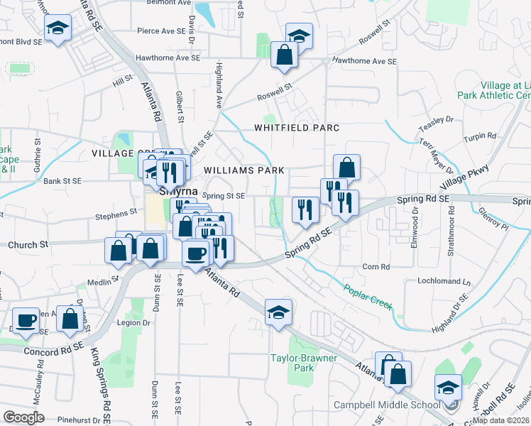 map of restaurants, bars, coffee shops, grocery stores, and more near 2855 Bernard Lane Southeast in Smyrna