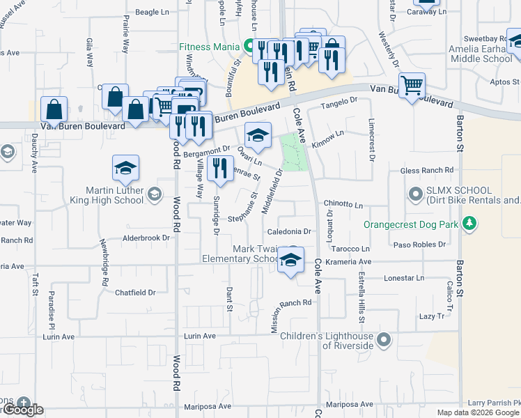 map of restaurants, bars, coffee shops, grocery stores, and more near 19334 Fredonia Court in Riverside