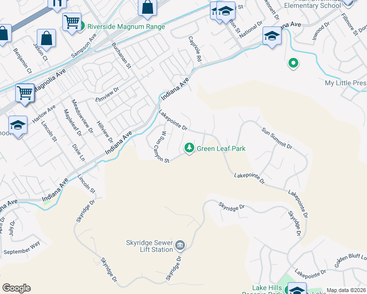 map of restaurants, bars, coffee shops, grocery stores, and more near 16260 Blossom Time Court in Riverside