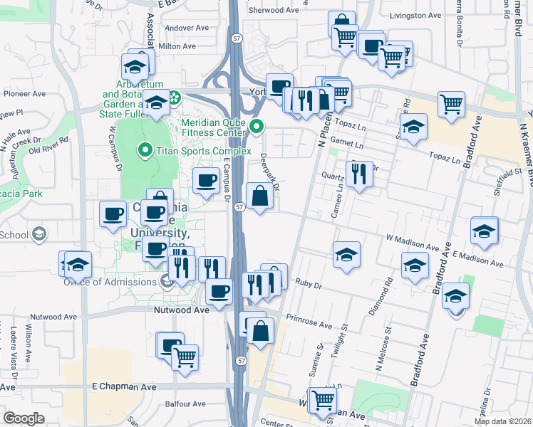 map of restaurants, bars, coffee shops, grocery stores, and more near 1255 Deerpark Drive in Fullerton