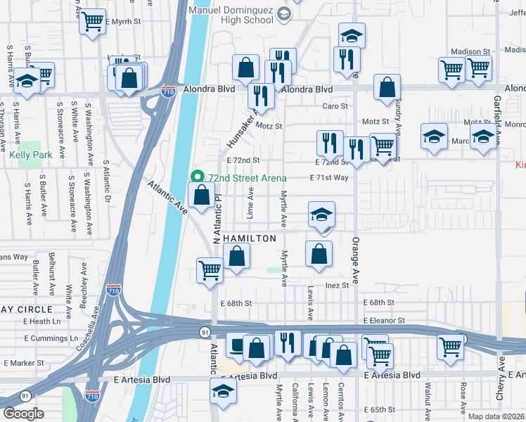 map of restaurants, bars, coffee shops, grocery stores, and more near 7090 Lime Avenue in Long Beach