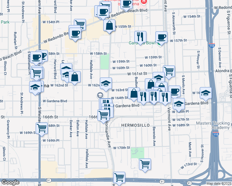 map of restaurants, bars, coffee shops, grocery stores, and more near 1341 West 163rd Street in Gardena