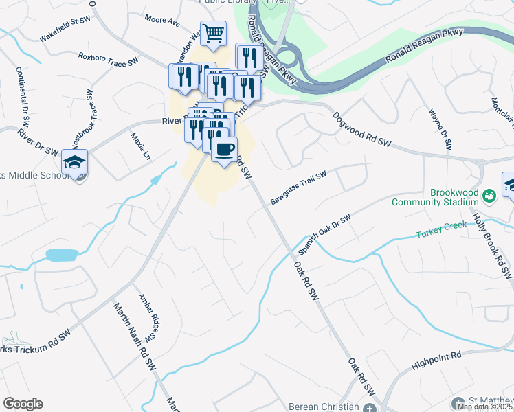 map of restaurants, bars, coffee shops, grocery stores, and more near 1021 Oak Road Southwest in Lilburn
