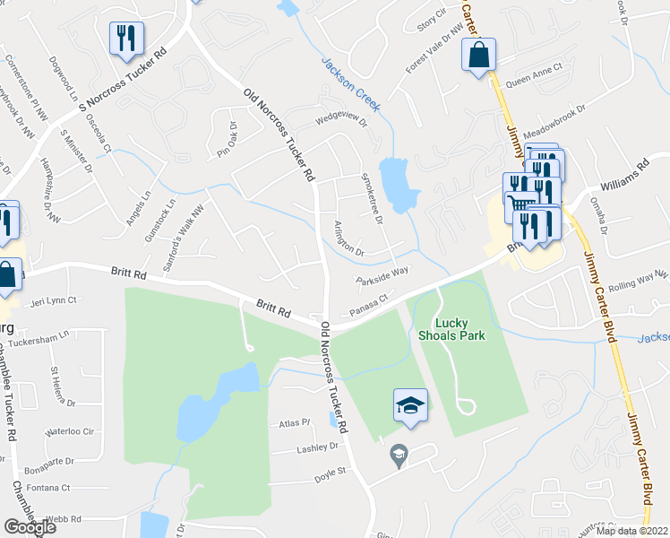 map of restaurants, bars, coffee shops, grocery stores, and more near 902 Old Norcross Tucker Road in Tucker