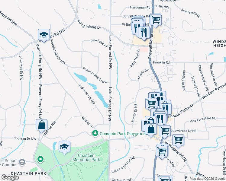 map of restaurants, bars, coffee shops, grocery stores, and more near 4685 Lake Forrest Drive Northeast in Atlanta