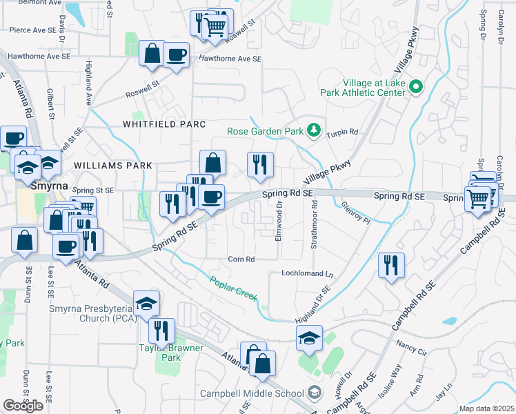 map of restaurants, bars, coffee shops, grocery stores, and more near 1810 Spring Road Southeast in Smyrna