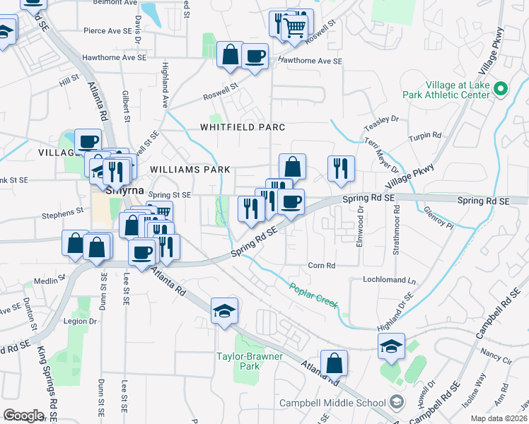 map of restaurants, bars, coffee shops, grocery stores, and more near 2866 Spring Villa Lane in Smyrna