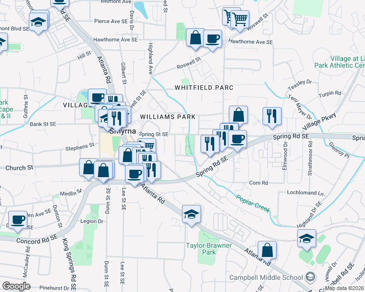 map of restaurants, bars, coffee shops, grocery stores, and more near 2855 Bernard Lane Southeast in Smyrna