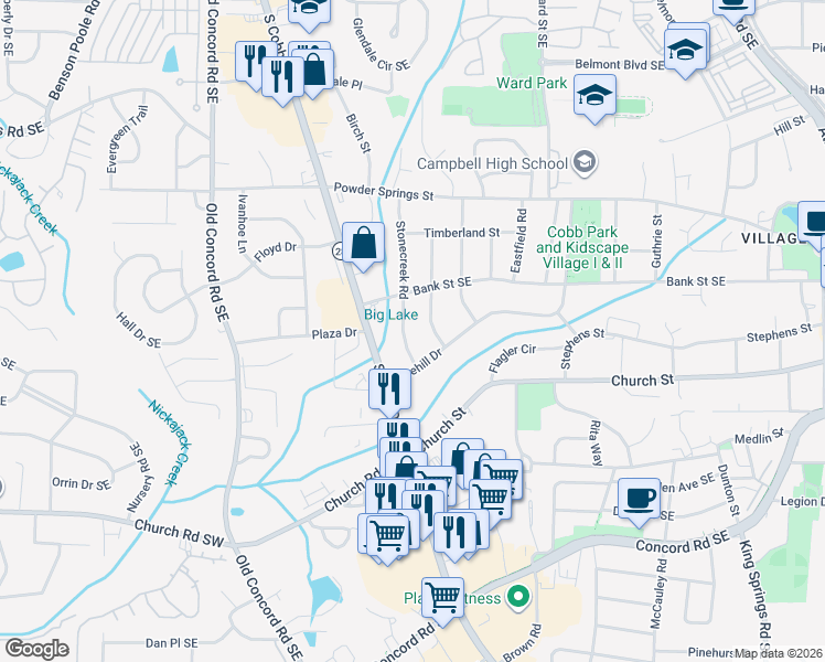 map of restaurants, bars, coffee shops, grocery stores, and more near 2905 Stonecreek Road in Smyrna