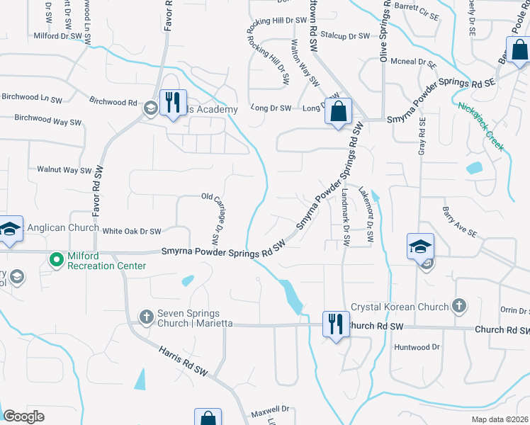 map of restaurants, bars, coffee shops, grocery stores, and more near 212 Smyrna Powder Springs Road Southwest in Marietta