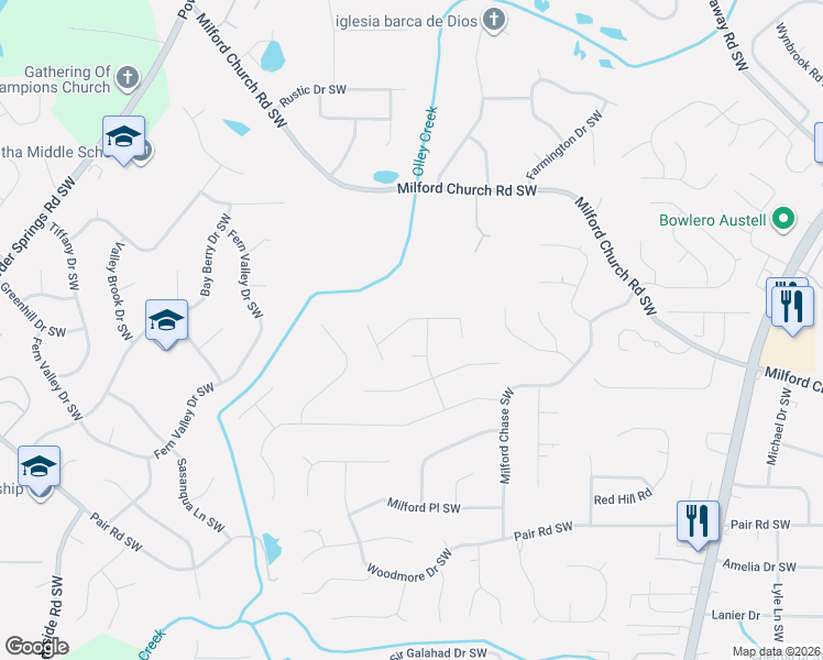 map of restaurants, bars, coffee shops, grocery stores, and more near 1801 Milford Creek Court Southwest in Marietta