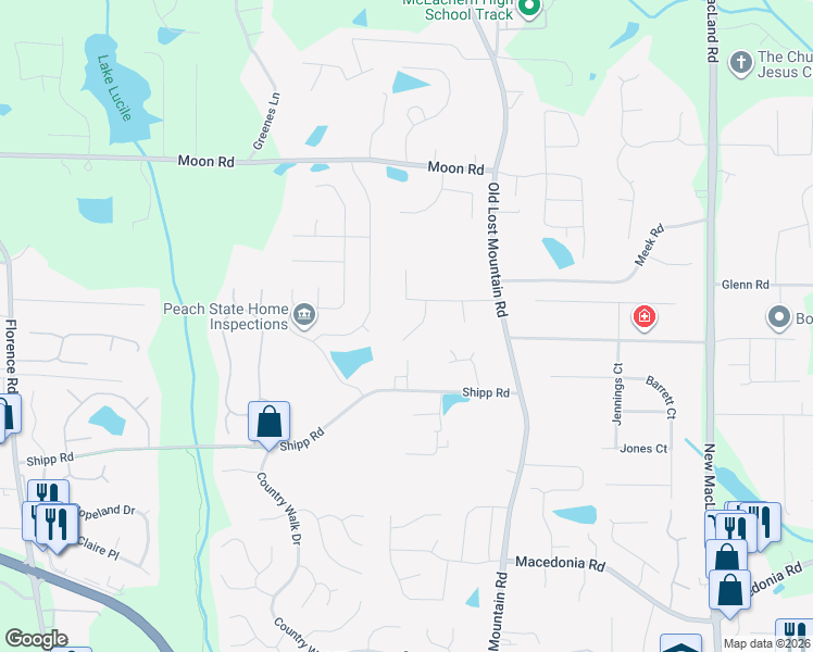 map of restaurants, bars, coffee shops, grocery stores, and more near 2904 Soapstone Court in Powder Springs