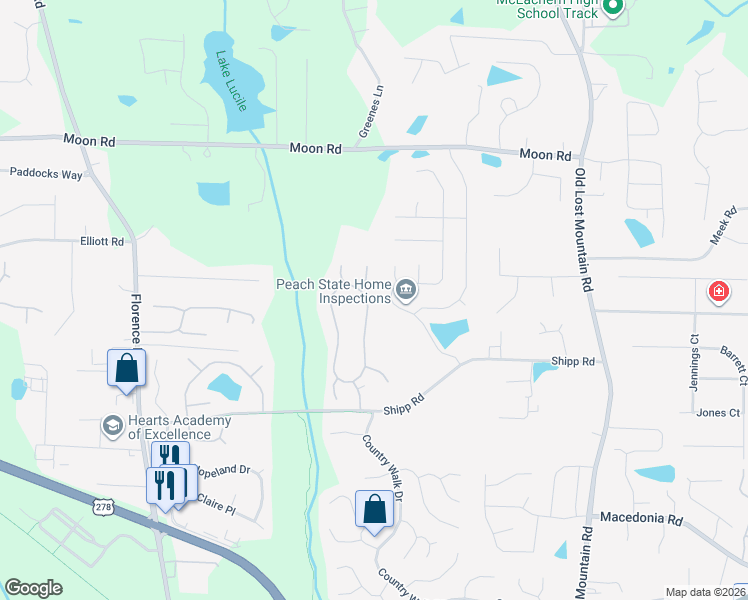 map of restaurants, bars, coffee shops, grocery stores, and more near 3116 Nectar Drive in Powder Springs