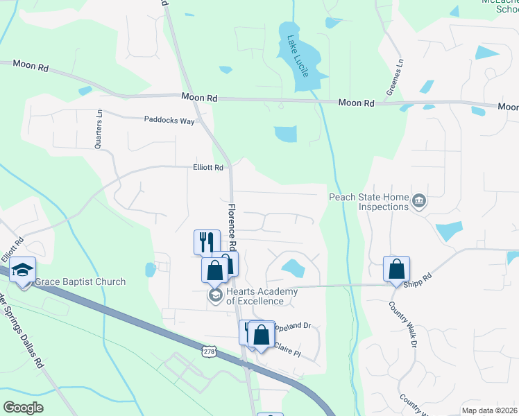 map of restaurants, bars, coffee shops, grocery stores, and more near 5208 Glendora Court in Powder Springs