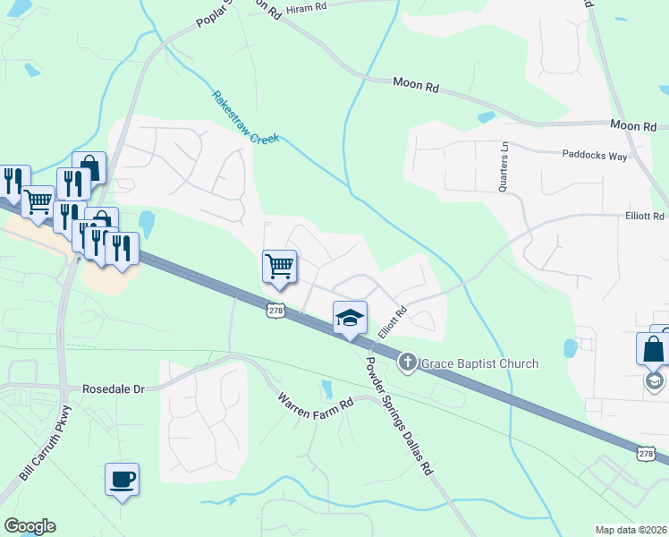 map of restaurants, bars, coffee shops, grocery stores, and more near 1410 Sterlingbrooke Drive in Powder Springs