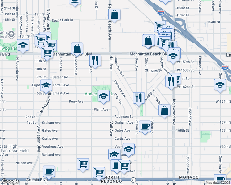map of restaurants, bars, coffee shops, grocery stores, and more near 2838 May Avenue in Redondo Beach