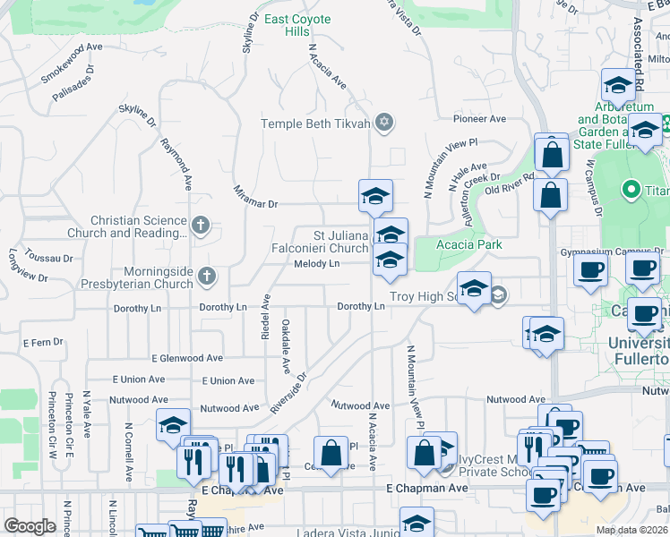 map of restaurants, bars, coffee shops, grocery stores, and more near 1520 Melody Lane in Fullerton