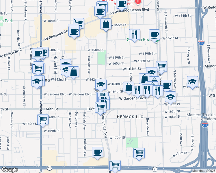 map of restaurants, bars, coffee shops, grocery stores, and more near 1346 West 163rd Street in Gardena