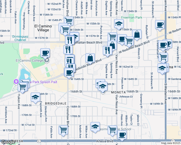 map of restaurants, bars, coffee shops, grocery stores, and more near 2605 West 163rd Street in Torrance