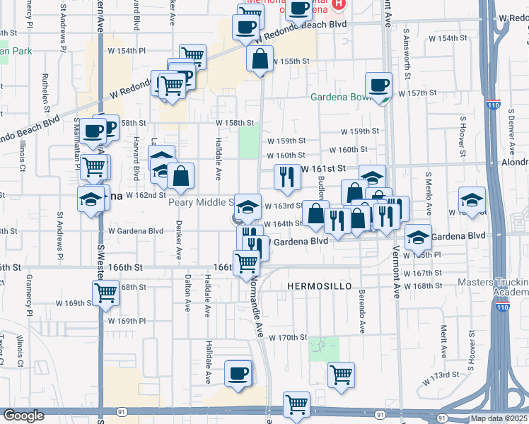 map of restaurants, bars, coffee shops, grocery stores, and more near 1341 West 163rd Street in Gardena