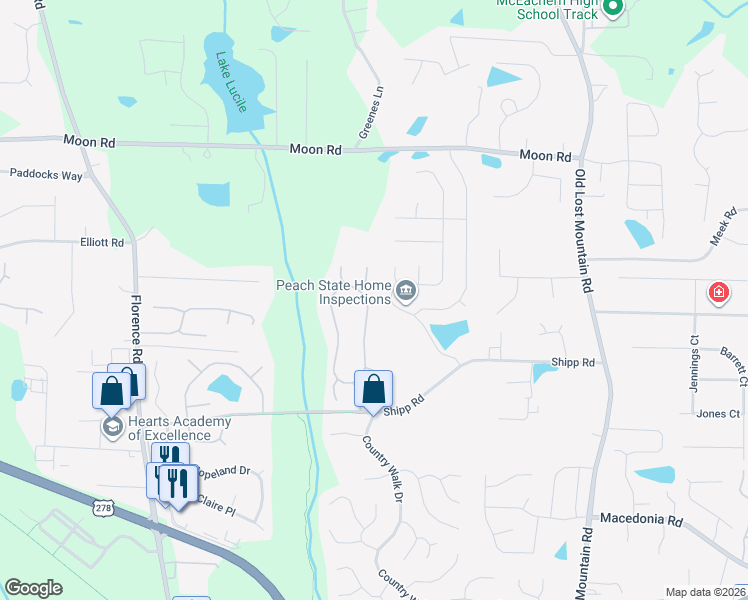map of restaurants, bars, coffee shops, grocery stores, and more near 3116 Nectar Drive in Powder Springs