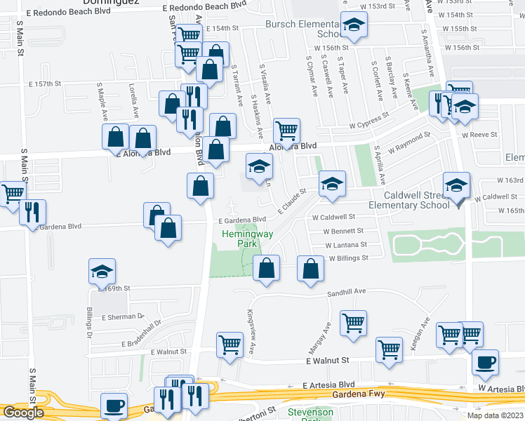 map of restaurants, bars, coffee shops, grocery stores, and more near 16327 Tarrant Avenue in Carson