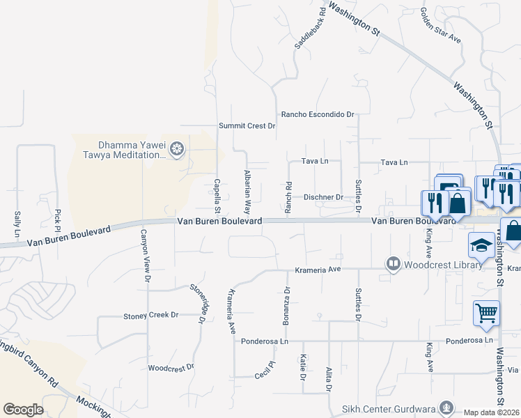 map of restaurants, bars, coffee shops, grocery stores, and more near 16272 Graceful Court in Riverside
