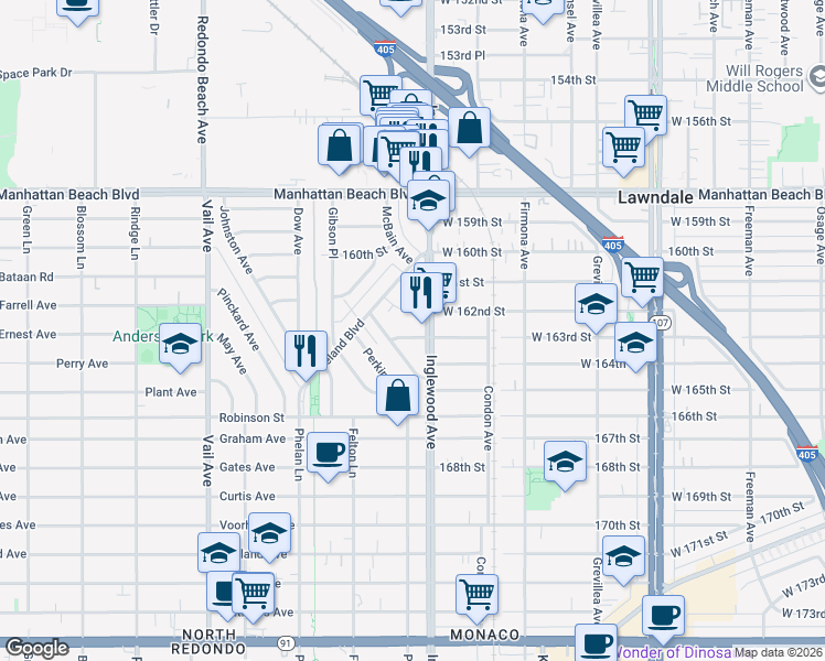 map of restaurants, bars, coffee shops, grocery stores, and more near 2812 Faber Street in Redondo Beach