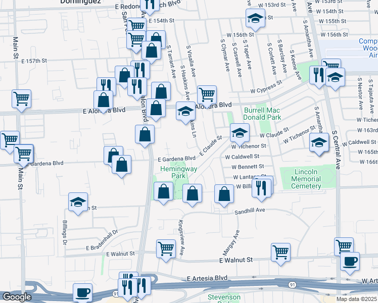 map of restaurants, bars, coffee shops, grocery stores, and more near 16327 Tarrant Avenue in Carson