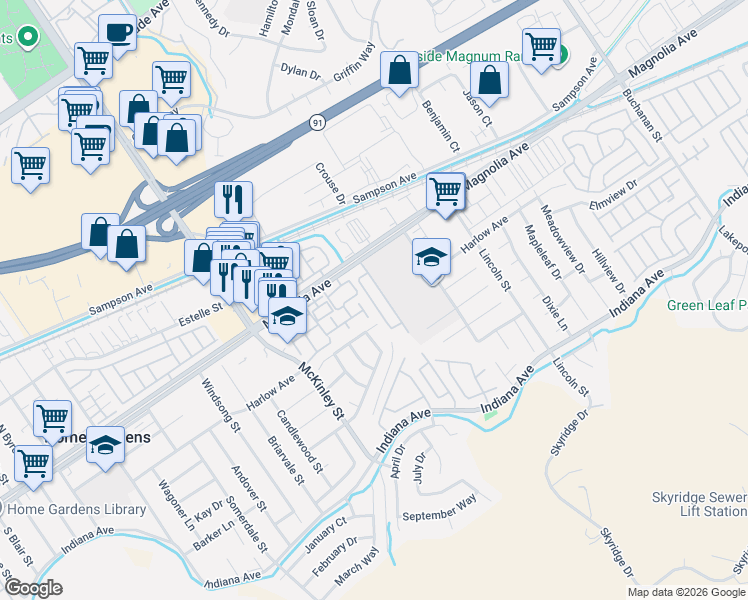 map of restaurants, bars, coffee shops, grocery stores, and more near 12880 Magnolia Avenue in Riverside