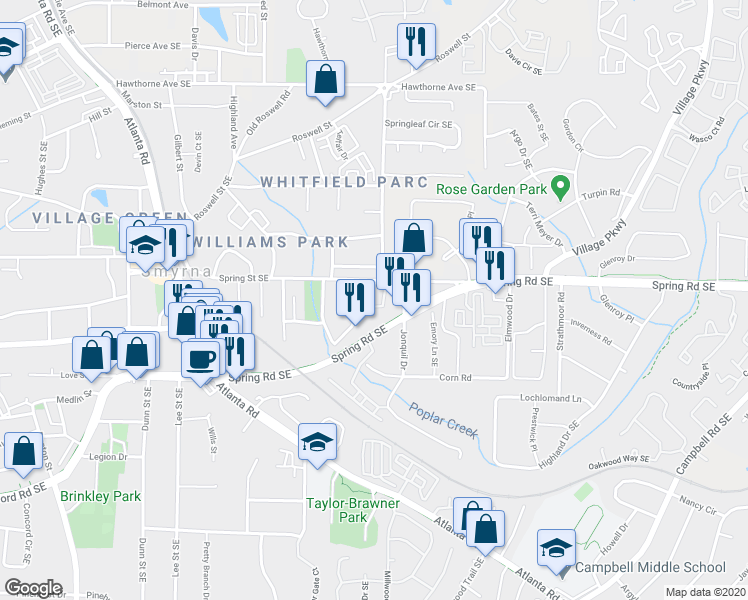 map of restaurants, bars, coffee shops, grocery stores, and more near 2866 Spring Villa Lane in Smyrna