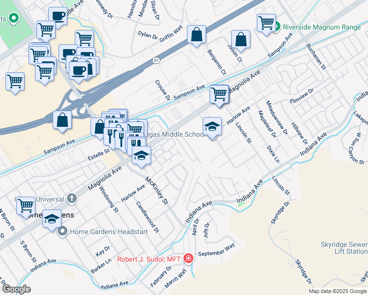 map of restaurants, bars, coffee shops, grocery stores, and more near 12880 Magnolia Avenue in Riverside