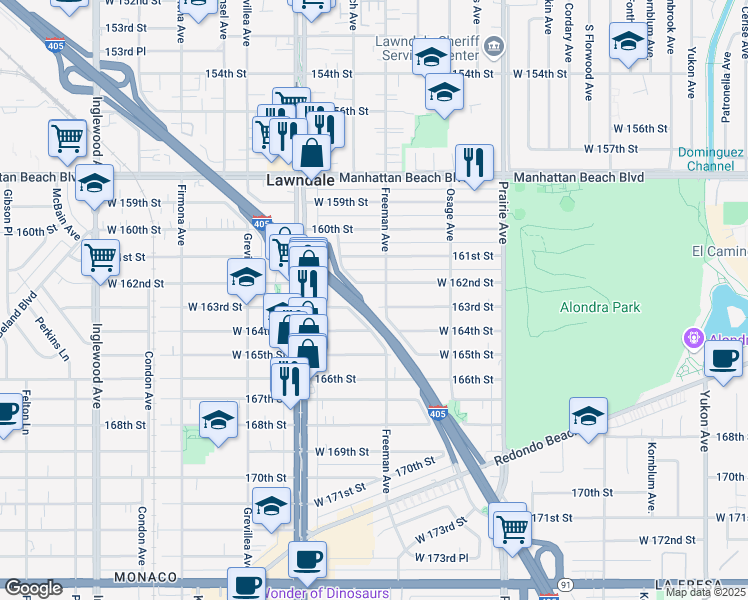 map of restaurants, bars, coffee shops, grocery stores, and more near 4228 Sombra Avenue in Lawndale