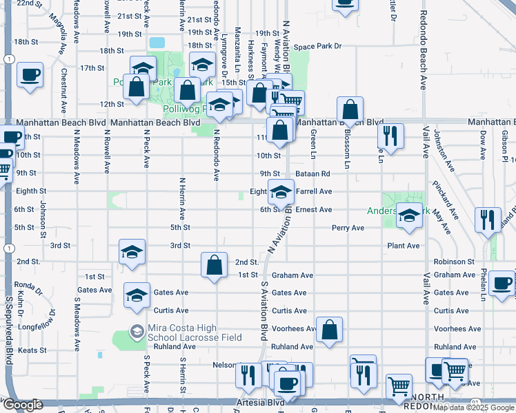 map of restaurants, bars, coffee shops, grocery stores, and more near 1807 6th Street in Manhattan Beach