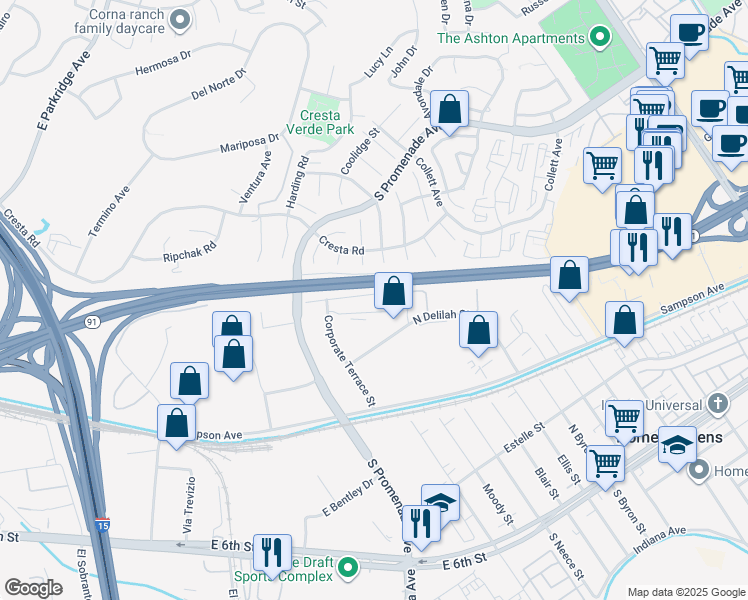 map of restaurants, bars, coffee shops, grocery stores, and more near 361 Corporate Terrace in Corona