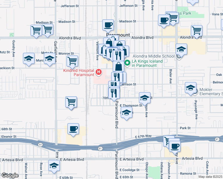 map of restaurants, bars, coffee shops, grocery stores, and more near 16618 Eureka Avenue in Paramount