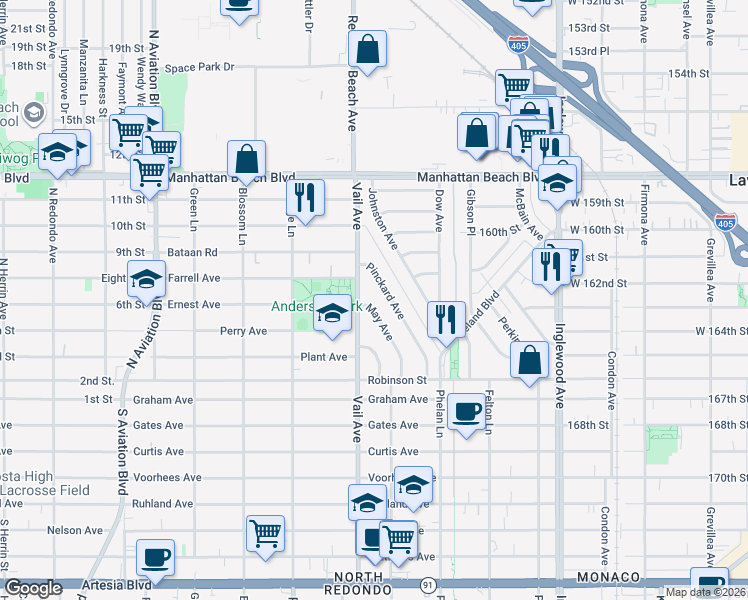 map of restaurants, bars, coffee shops, grocery stores, and more near 2851 Pinckard Avenue in Redondo Beach