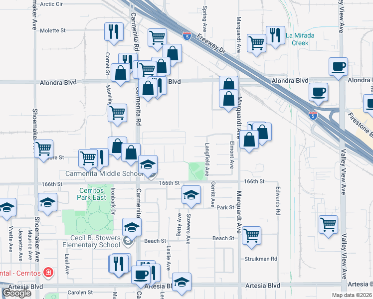 map of restaurants, bars, coffee shops, grocery stores, and more near 16412 Stowers Avenue in Cerritos