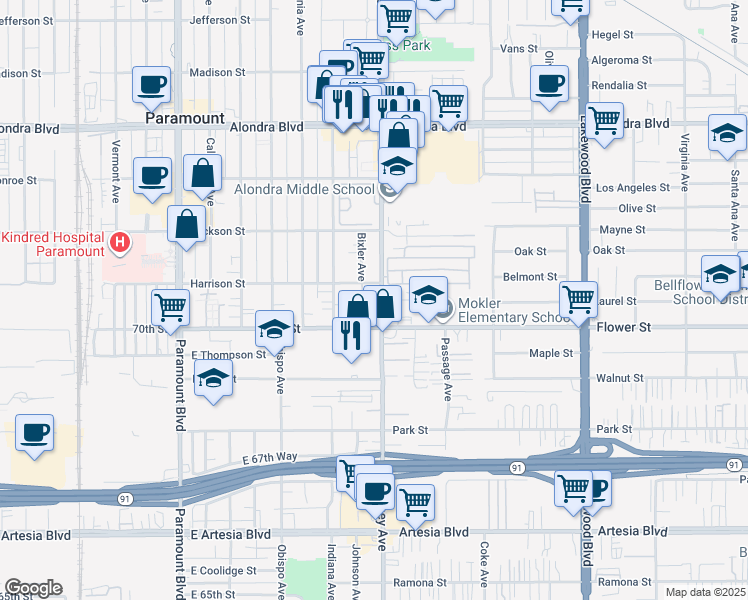 map of restaurants, bars, coffee shops, grocery stores, and more near 16619 Downey Avenue in Paramount