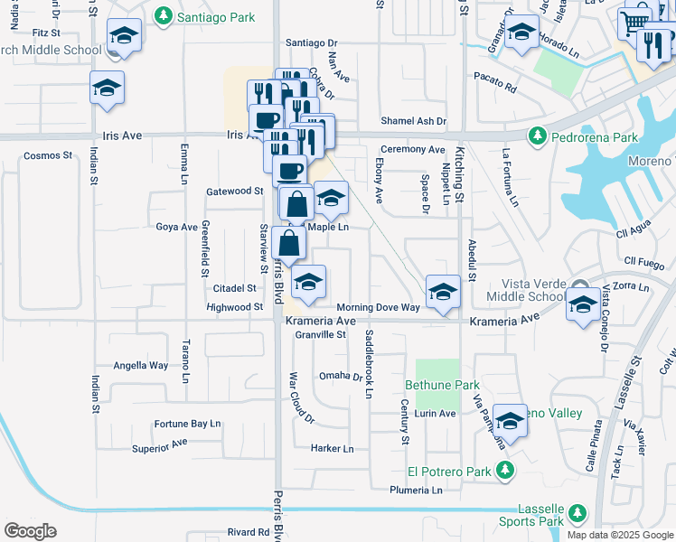map of restaurants, bars, coffee shops, grocery stores, and more near 16382 Hazelwood Court in Moreno Valley