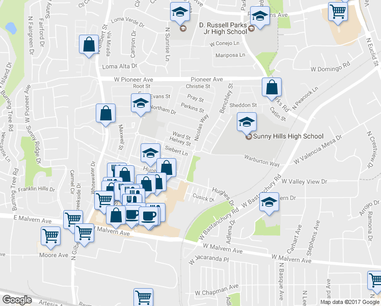 map of restaurants, bars, coffee shops, grocery stores, and more near 2006 Hetebrink Street in Fullerton